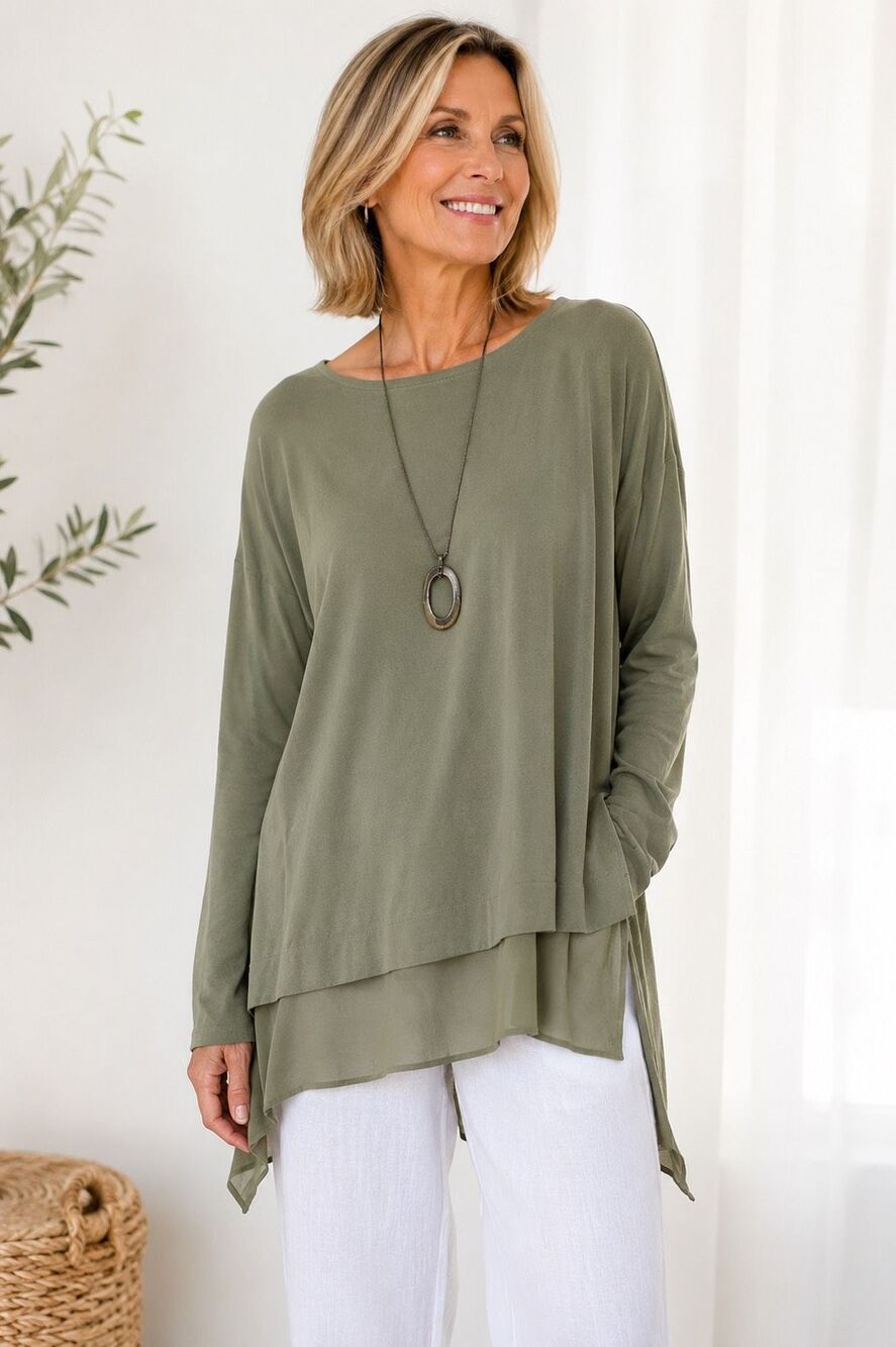 Eileen Fisher 100% Silk Olive Green Layered Hem Tunic Blouse Medium